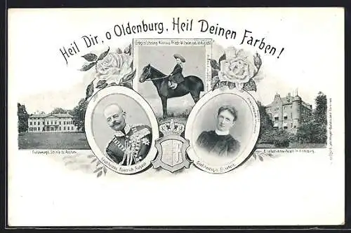 AK Oldenburg / Old., Elisabeth-Anna-Palais, Grossherzogspaar von Oldenburg, Erbgrossherzog als Kind zu Pferde