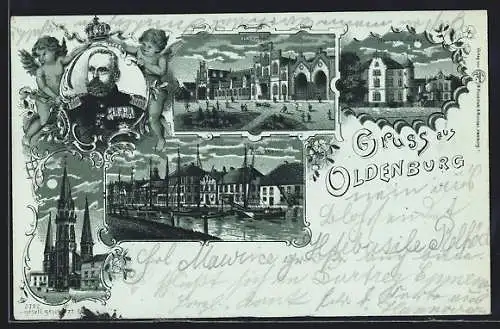 Mondschein-Lithographie Oldenburg / Old., Grossherzog Peter von Oldenburg mit Engeln, Bahnhof, Hafenpartie, Neues Schloss