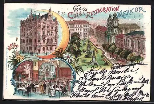 Lithographie Mannheim, Cafe & Restauration Merkur aus der Vogelschau, Ortspartie mit Denkmälern