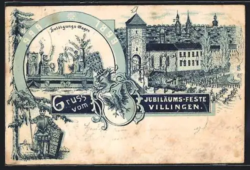Lithographie Villingen / Baden, Jubiläum 1899, Huldigungs-Wagen, Ortsansicht mit Festumzug und Turm, Ritter, Wappen