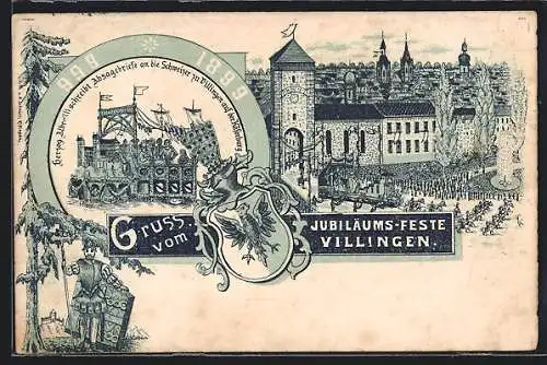 Lithographie Villingen / Baden, Jubiläum 1899, Herzog Albrecht schreibt Absagebriefe, Festumzug u.Turm, Ritter, Wappen
