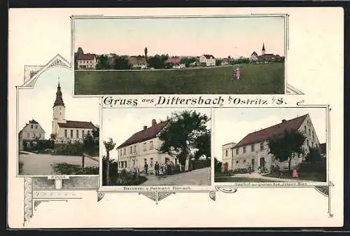 AK Dittersbach /Ostritz, Gasthaus zur grünen Aue J. Bier, Bäckerei H. Rönsch, Panorama