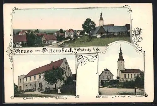 AK Dittersbach / Ostritz, Gasthof zur grünen Aue, Kirche, Teilansicht vom Ort