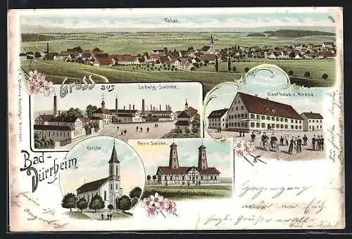 Lithographie Bad Dürrheim, Gasthaus zum Kreuz, Ludwig-Saline, Neue Saline, Totalansicht