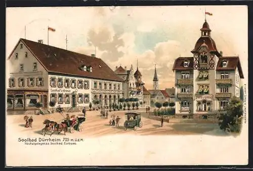 Lithographie Dürrheim, Ortsansicht mit Hotel und Gasthof z. Kreuz