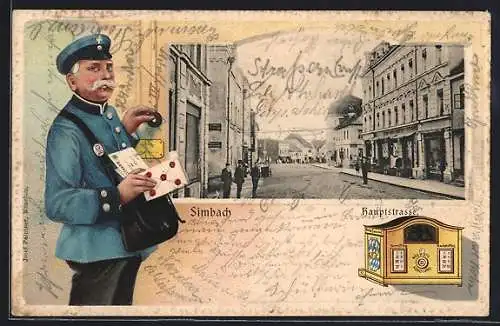 Passepartout-Lithographie Simbach / Inn, Partie in der Hauptstrasse, Briefkasten, Briefträger an der Türklingel