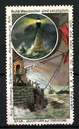 Reklamemarke Aula Waschmittel, Seifenfabrik Aug. Schmieg, Rothenburg o. T., Serie: Um die Welt, Leuchtturm auf Eddystone