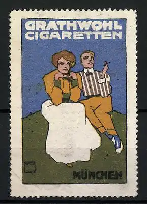 Künstler-Reklamemarke Ludwig Hohlwein, Grathwohl Cigaretten, München, Paar auf einer Bergwiese