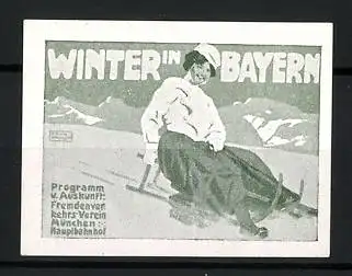 Reklamemarke Winter in Bayern, Frau rodelt auf einem Schlitten