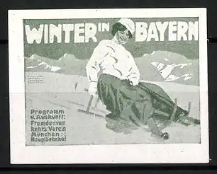 Reklamemarke Winter in Bayern, Frau rodelt auf einem Schlitten