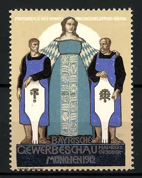Reklamemarke München, Ausstellung Bayrische Gewerbeschau 1912, Frau mit zwei Handwerkern