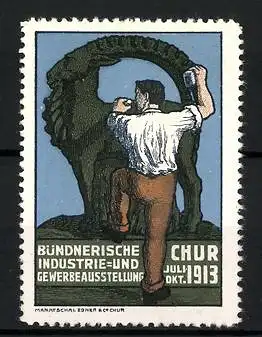 Reklamemarke Chur, Bündnerische Industrie- und Gewerbeausstellung 1913, Arbeiter meisselt einen Ziegenbock