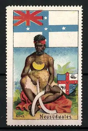 Reklamemarke Neusüdwales, Eingeborener mit Elefantenstosszähnen, Wappen und Flagge