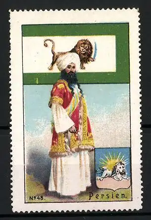 Reklamemarke Persien, Perser in traditioneller Tracht mit Flagge und Wappen