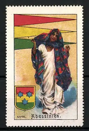 Reklamemarke Abessinien, arabische Frau in Tracht, Flagge und Wappen