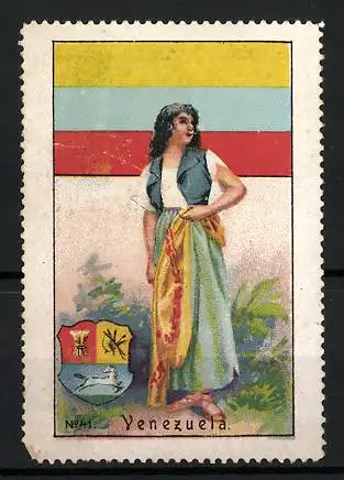 Reklamemarke Venezuela, Fräulein in traditioneller Tracht, Flagge und Wappen
