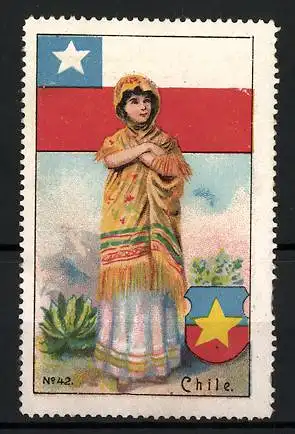 Reklamemarke Chile, junge Frau in traditioneller Tracht, Flagge und Wappen