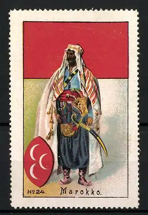 Reklamemarke Marokko, Araber in traditioneller Tracht, Flagge und Wappen