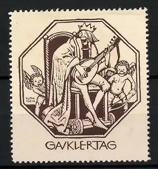 Künstler-Reklamemarke Richard Klein, Gauklertag, Engel mit musizierendem König