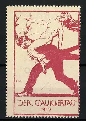 Künstler-Reklamemarke Richard Klein, Gauklertag 1913, nackte Frau reitet auf einem Teufel