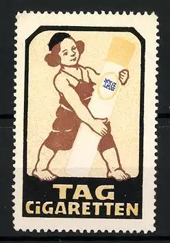 Reklamemarke TAG Cigaretten, Knabe mit einer grossen Zigarette