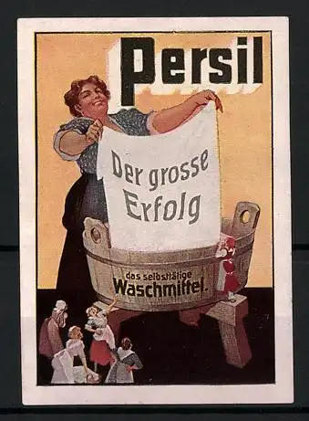 Reklamemarke Persil - selbsttätiges Waschmittel, Waschfrauen am grossen Waschfass