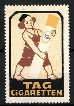 Reklamemarke Tag - Cigaretten, Knabe mit grosser Zigarette