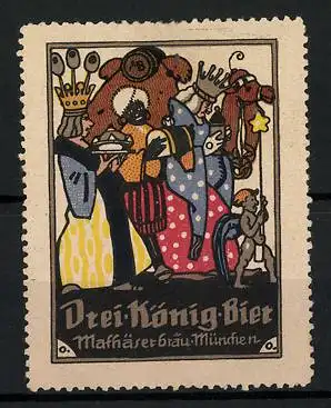 Künstler-Reklamemarke Otto Obermeier, München, Mathäser Bräu, Drei König Bier, Die Heiligen Drei Könige & Engel m. Stern