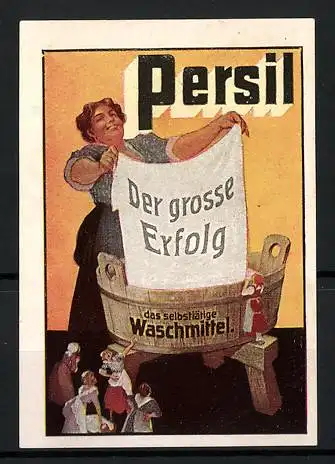Reklamemarke Persil - das selbsttätige Waschmittel, Waschfrauen am grossen Waschfass