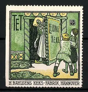 Reklamemarke Leibniz-Keks, H. Bahlsens Keks-Fabrik, Hannover, Szene aus dem Märchen Hänsel und Gretel