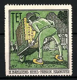 Reklamemarke Leibniz-Keks, H. Bahlsens Keks-Fabrik, Hannover, Arbeiter mit Keksen auf einer Schubkarre