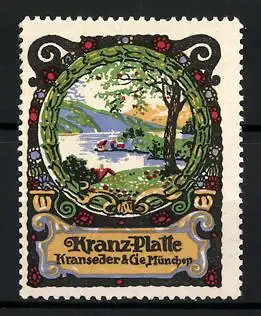 Künstler-Reklamemarke Sigmund von Suchodolski, Kranz-Platte, Kranseder & Cie., München, Landschaftsbild Seeidylle