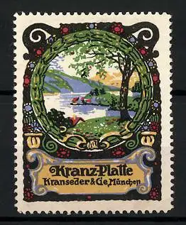 Künstler-Reklamemarke Sigmund von Suchodolski, Kranz-Platte, Kranseder & Cie., München, Landschaftsbild Seeidylle