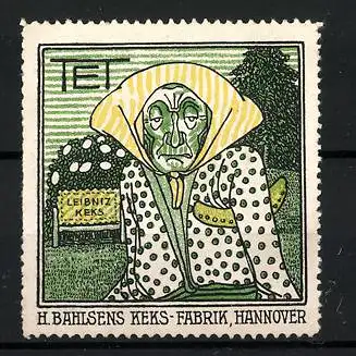 Reklamemarke Leibniz-Keks, H. Bahlsens Keks-Fabrik, Hannover, alte Frau mit Kopftuch