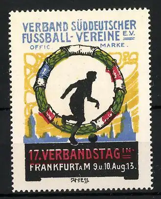 Reklamemarke Frankfurt a. M., 17. Verbandstag 1913, Verband Süddeutscher Fussball-Vereine e.V., Fussballer