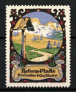 Künstler-Reklamemarke Sigmund von Suchodolski, Reform-Platte, Kranseder & Cie., München, Landschaftsbild mit Flurkreuz