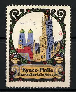 Künstler-Reklamemarke Sigmund von Suchodolski, Kraco-Platte, Kranseder & Cie., München, Stadtansicht mit Turm