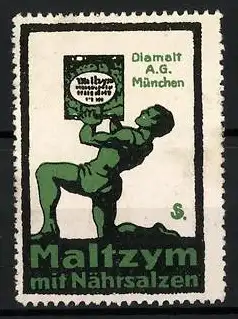 Künstler-Reklamemarke Sigmund von Suchodolski, Maltzym mit Nährsalzen, Diamalt AG München, Mann hebt Schachtel