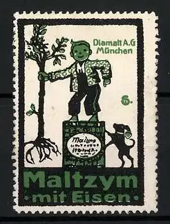 Künstler-Reklamemarke Sigmund von Suchodolski, Maltzym mit Eisen, Diamalt AG München, Knabe mit entwurzeltem Baum