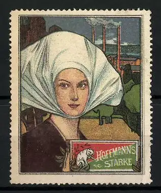 Reklamemarke Hoffmann`s Stärke, Frau mit Fabrik im Hintergrund