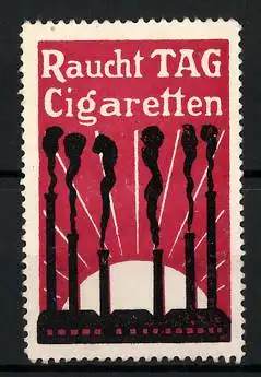 Reklamemarke TAG Cigaretten, Fabrikansicht mit rauchenden Schornsteinen