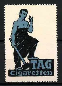 Reklamemarke TAG Cigaretten, Schmied mit Zigarette