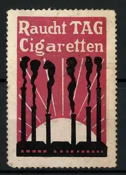 Reklamemarke TAG Cigaretten, Fabrikansicht mit rauchenden Schornsteinen