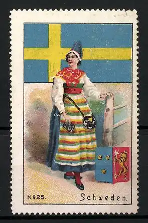 Reklamemarke Schweden, Fräulein in traditioneller Tracht, Flagge und Wappen