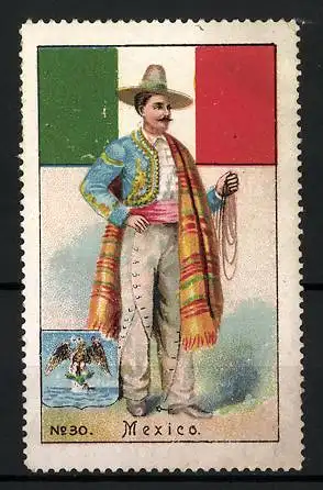 Reklamemarke Mexico, Mann in traditioneller Tracht, Flagge und Wappen