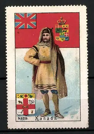 Reklamemarke Kanada, Mann in traditioneller Tracht, Flagge und Wappen