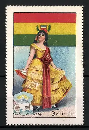 Reklamemarke Bolivien, Fräulein in Tracht mit Fächer, Flagge und Wappen