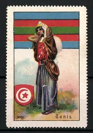Reklamemarke Tunis, Araberin in traditioneller Tracht, Flagge und Wappen