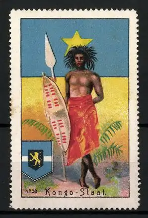 Reklamemarke Kongo-Staat, Eingeborener Krieger, Flagge und Wappen