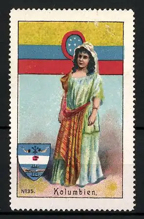 Reklamemarke Kolumbien, Fräulein in traditioneller Tracht, Flagge und Wappen